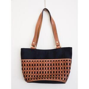 Valerie Steven’s Navy Canvas and Brown Leather Woven Vintage Purse